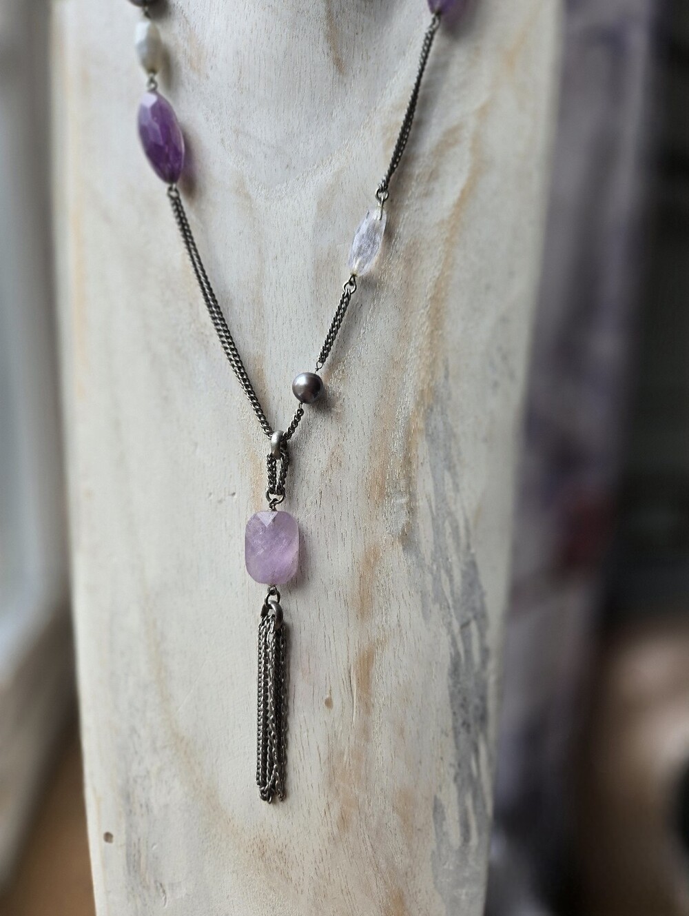 Beautiful Purple & Clear Stone Tassel Necklace
